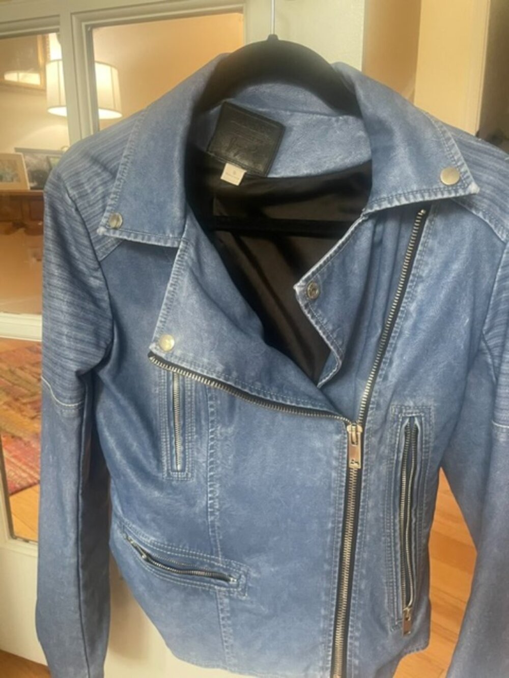 Blue Faux Leather Moto Jacket - zip front